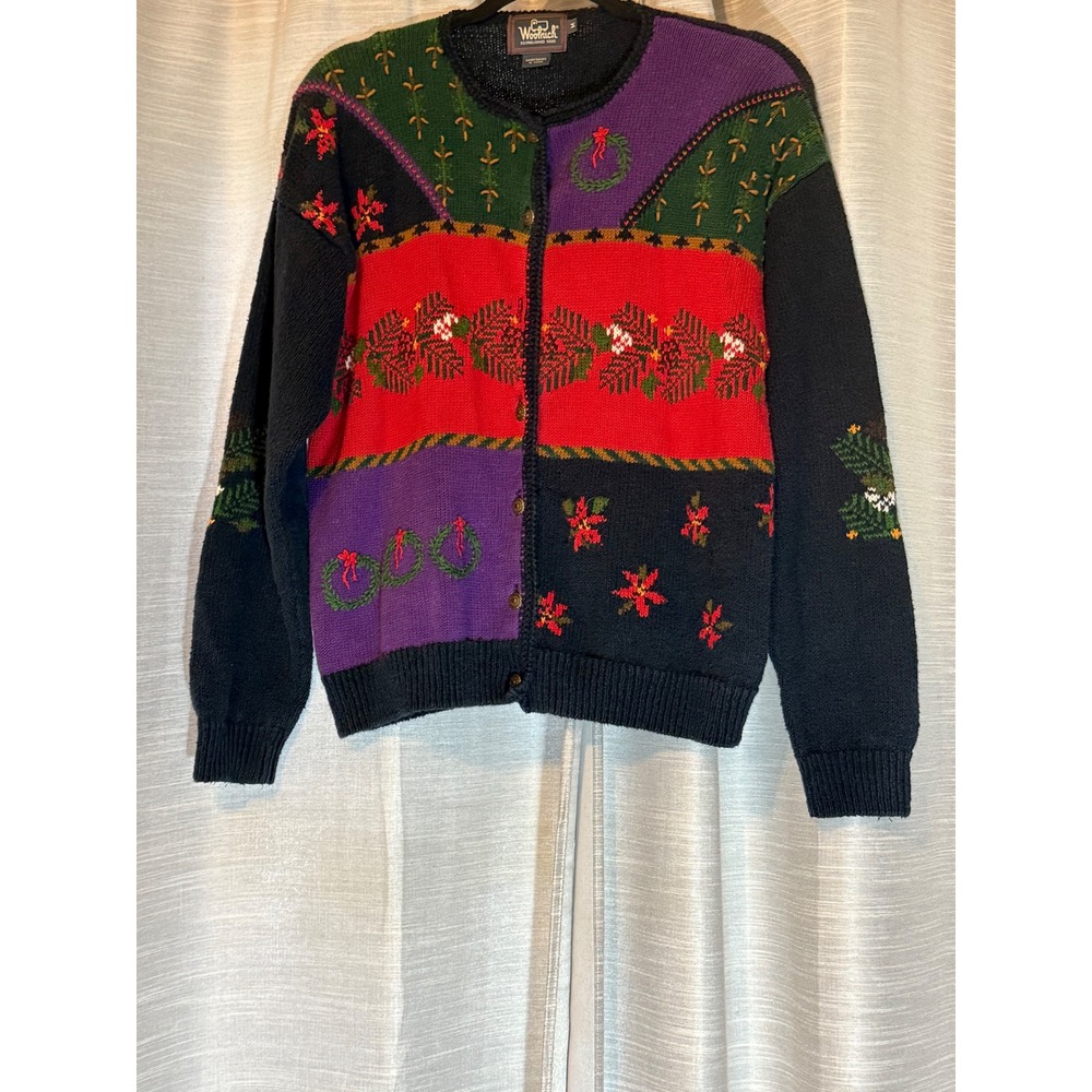 Vintage Woolrich Handframed Christmas Cardigan Sweater Black Red Purple Medium